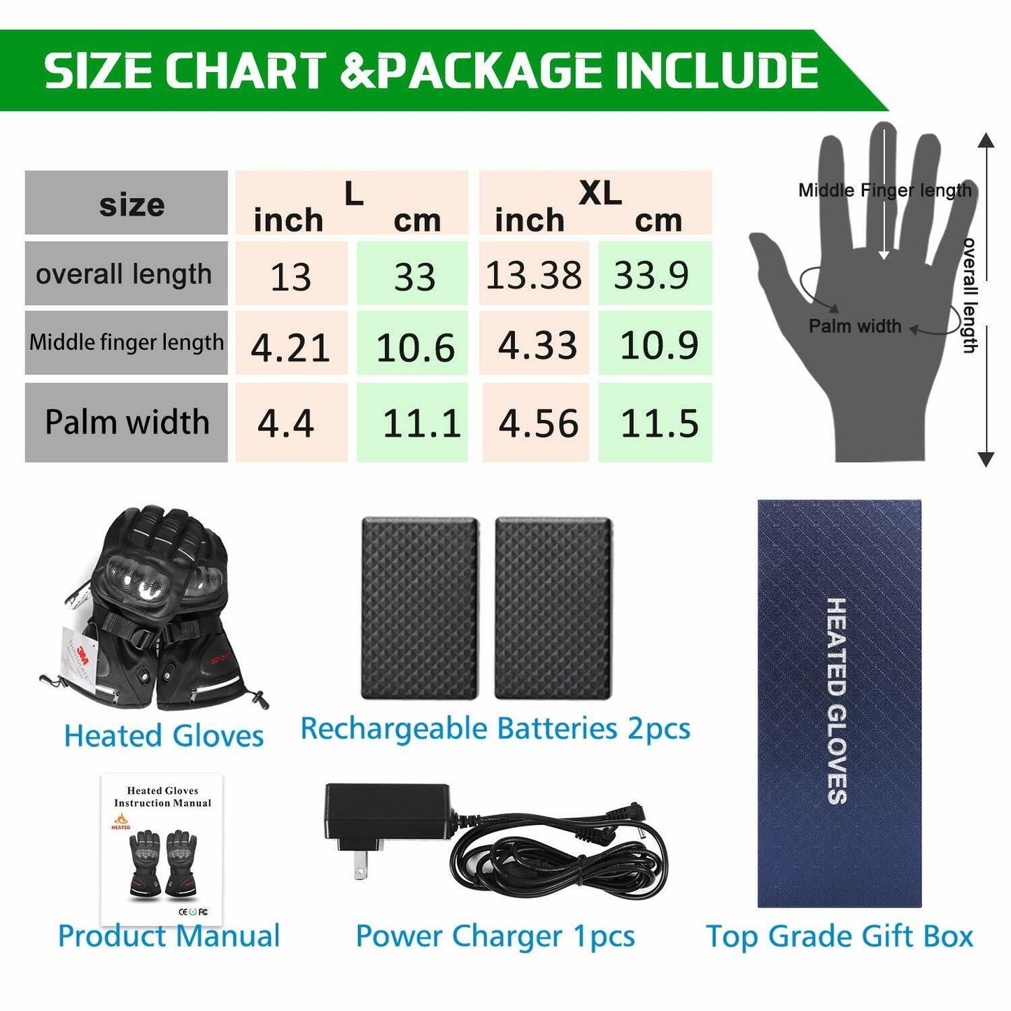 Rechargeable Heated Leather Gloves with Knuckle Protection Motorcycle Ski Riding