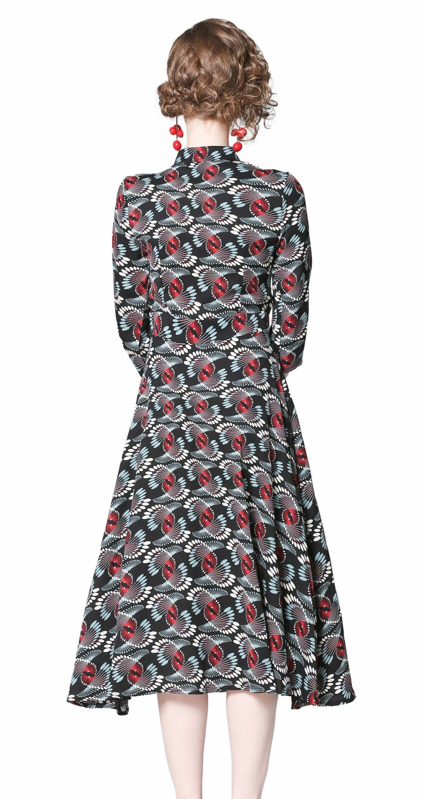 Women's Vintage Floral Printed Lotus Sleeves Elastic Waist  Cocktail Dress