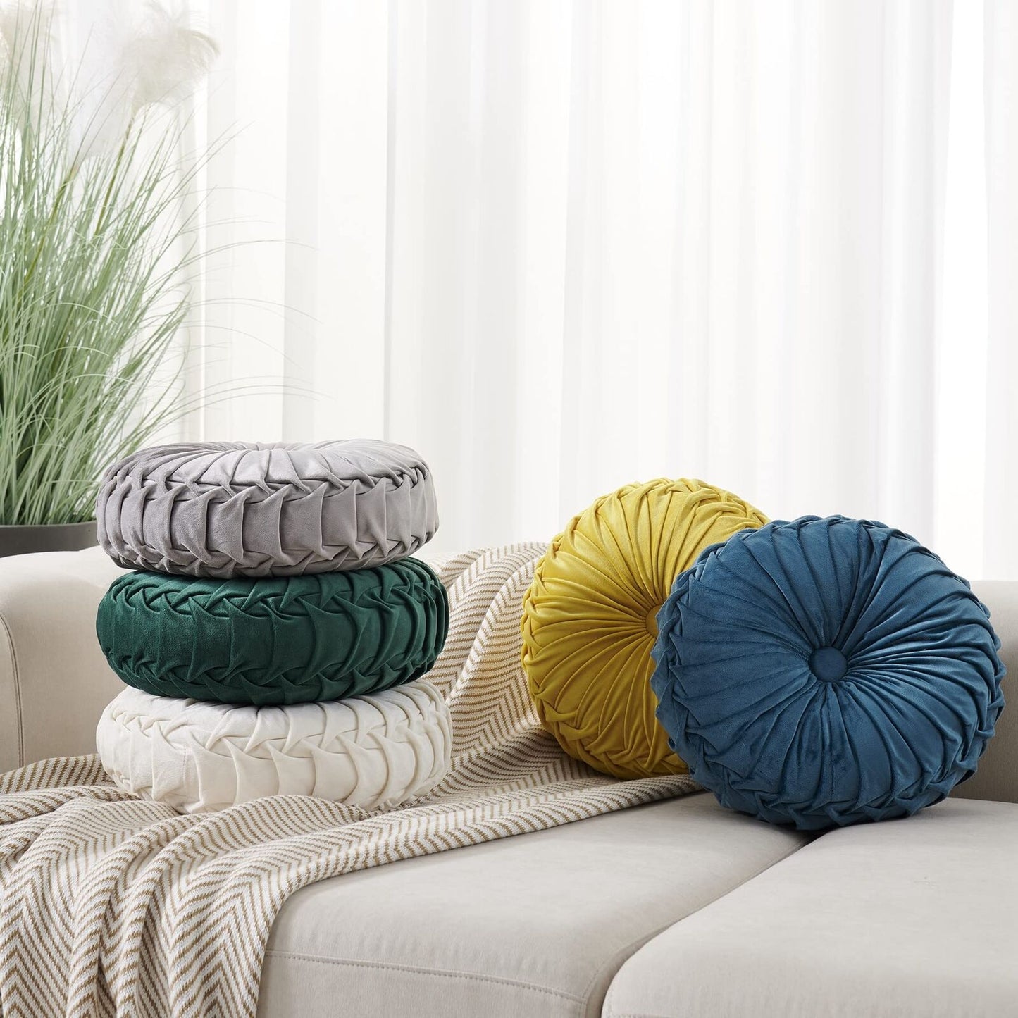 Round Throw Pillow Round Velvet Pillow Pleated Round Filled Pillow