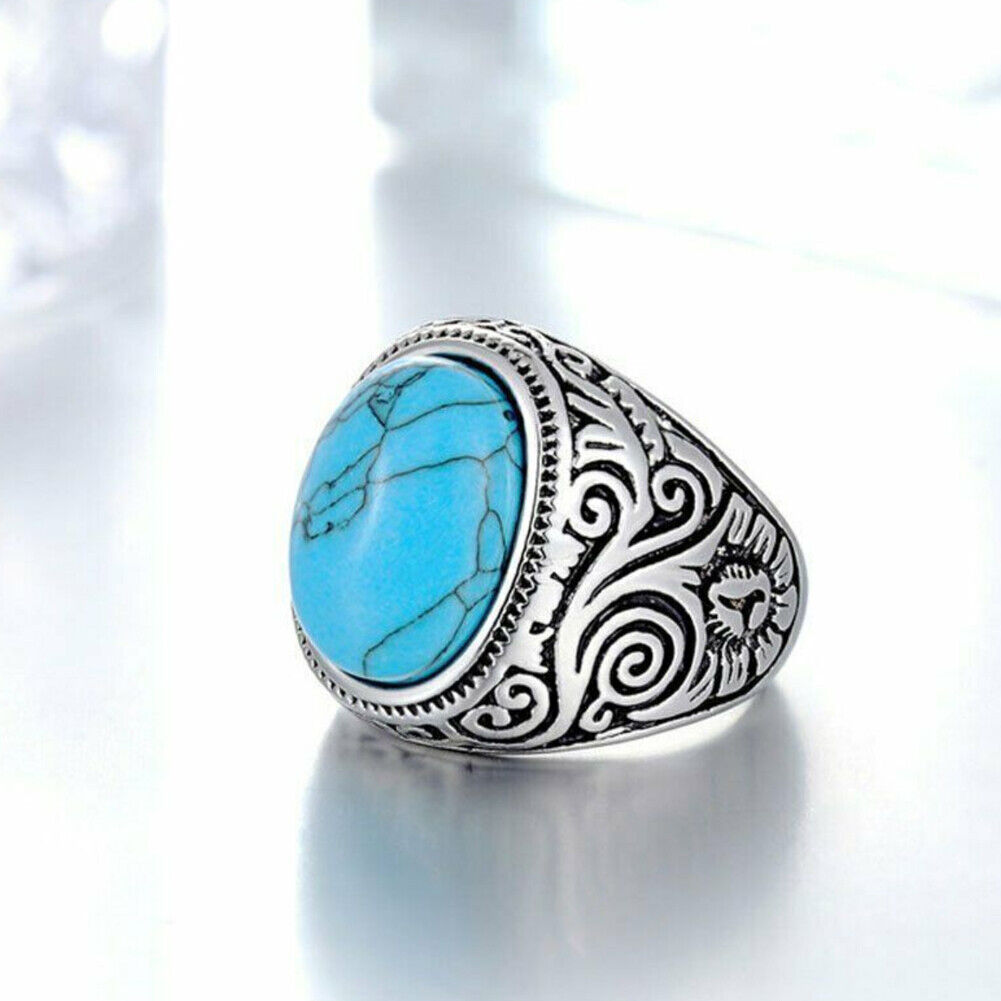 US Mens Simulated Oval Turquoise Stone Ring Men Stainless Steel Size 7 8-11