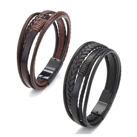 US 2-4 Pc Multi Layer Braided Leather Bracelet Adjustable Stainless Steel Clasp