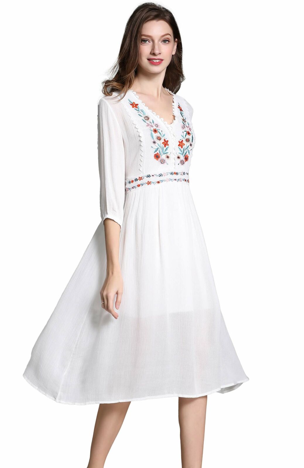 Women's Short Sleeve Mexican Embroidered Floral Pleated A-line Cocktail Dress