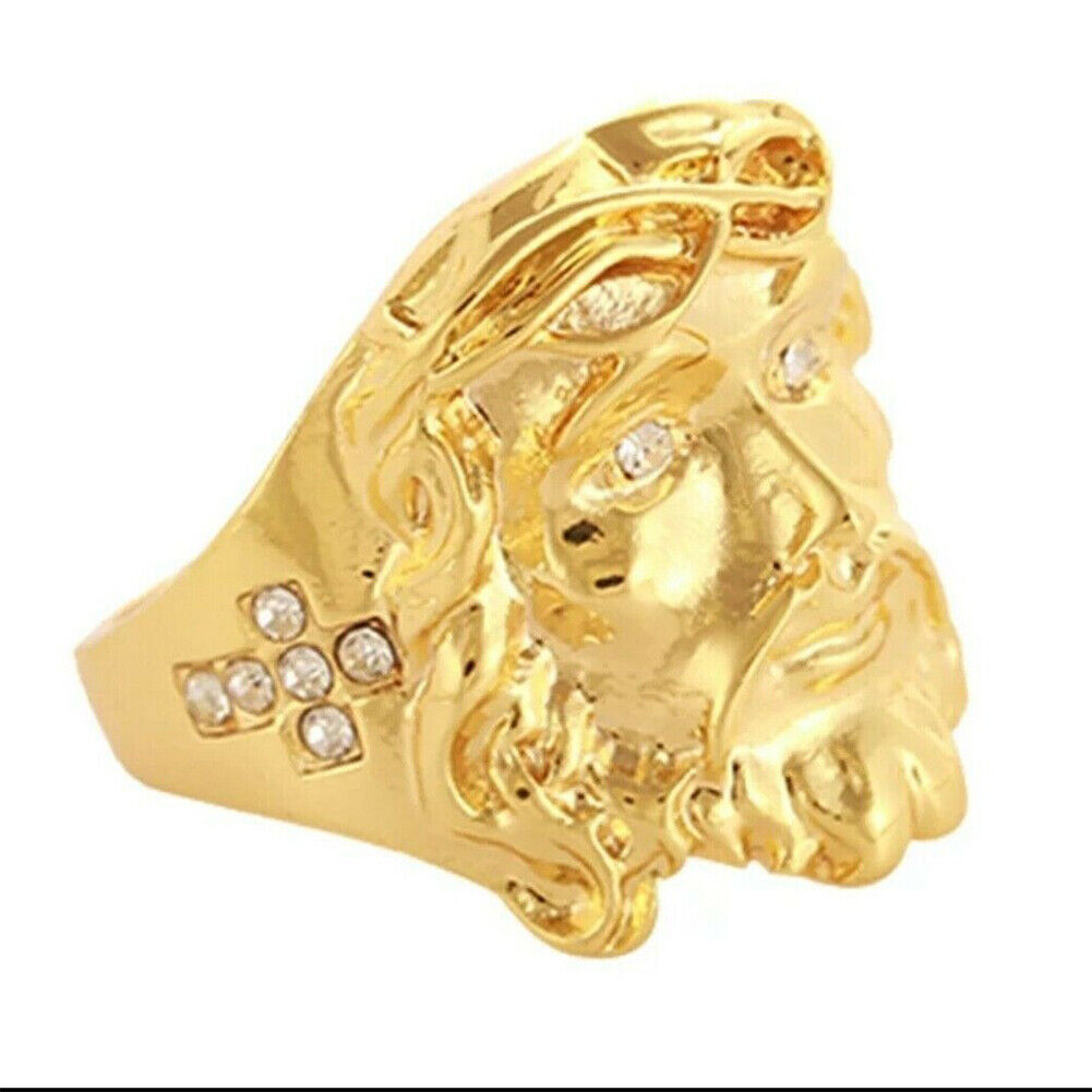US Mens Gold Plated Cross Jesus Christ Face Ring Stainless Steel Size 8-11