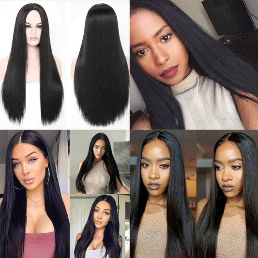 US 1-2 Pack Women Black Long Straight Heat Resistant Human Hair Wig Natural