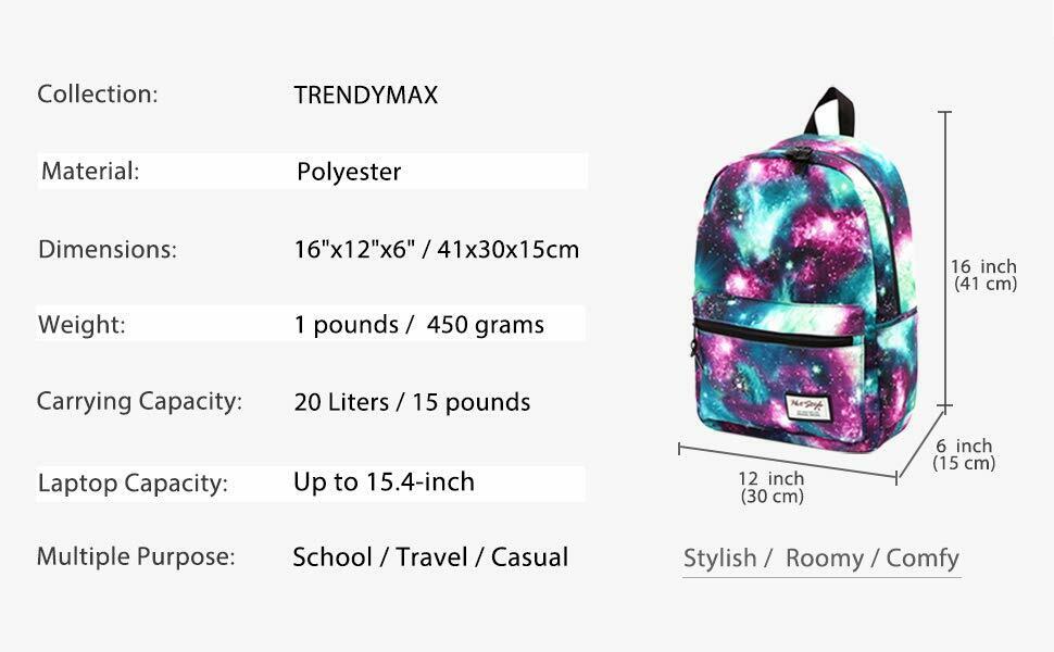 TRENDYMAX Galaxy Backpack Cute for School | 16"x12"x6" | Holds 15.4-inch Laptop