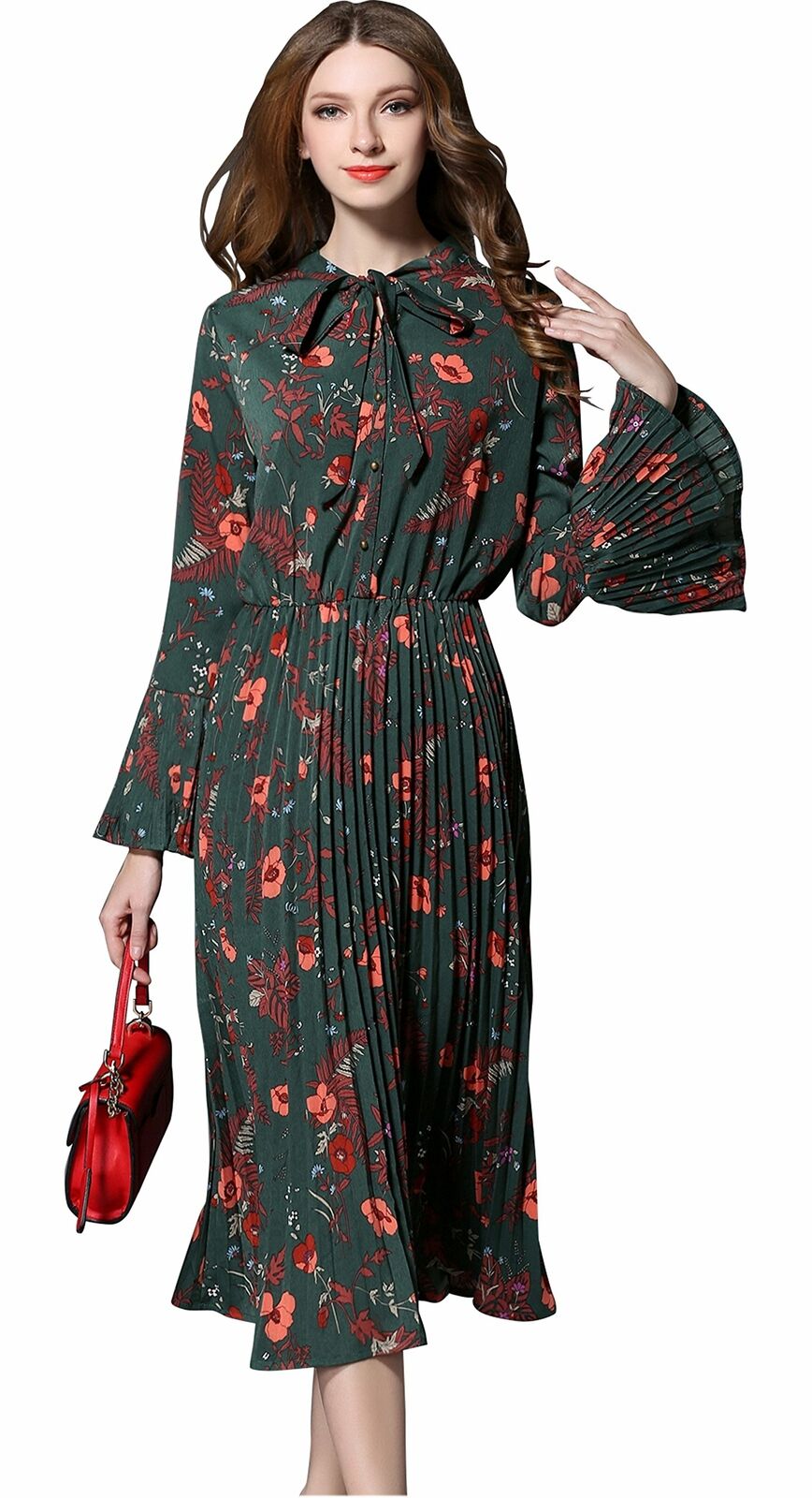 Women's Vintage Floral Printed Lotus Sleeves Elastic Waist  Cocktail Dress