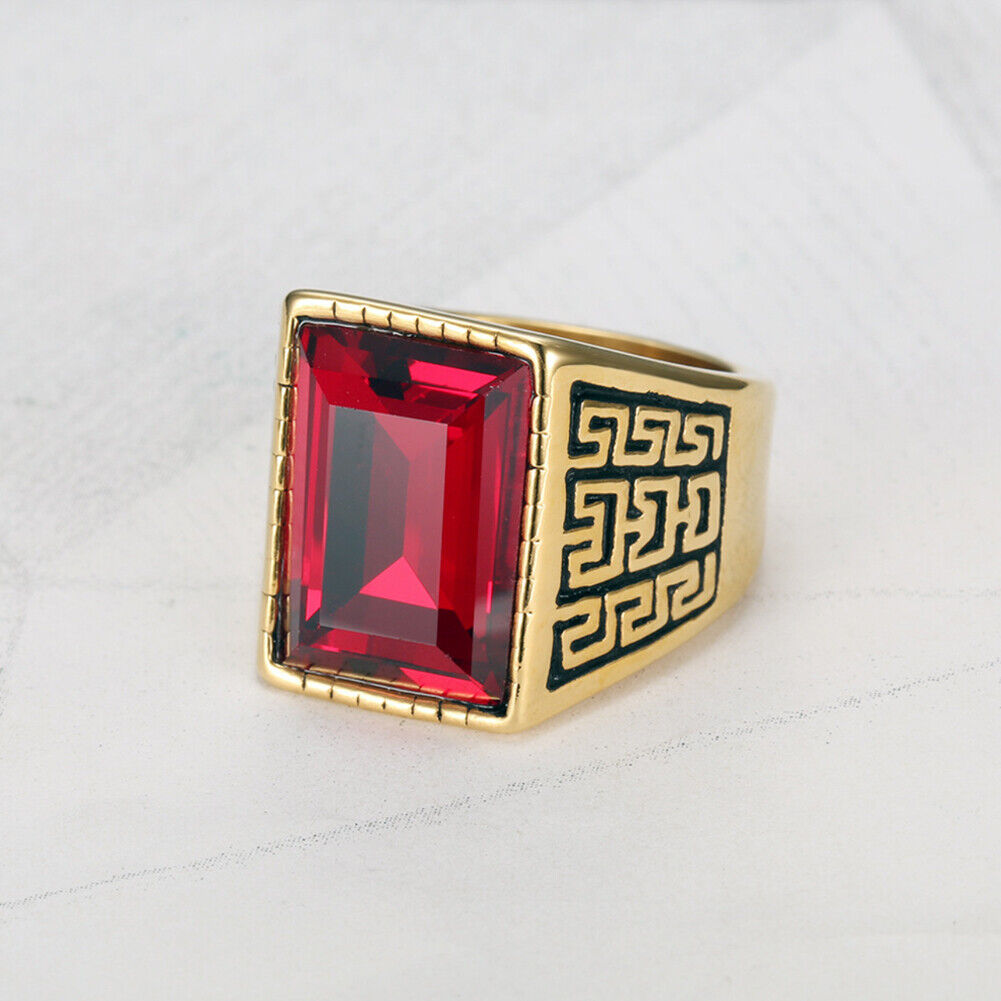 US Men Gold Plated Stainless Steel Red CZ Crystal Stone Ring Men Size 7-11
