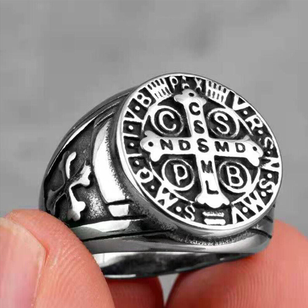 US St Benedict Exorcism Ring Silver Stainless Steel Catholic Roman Cross Demon