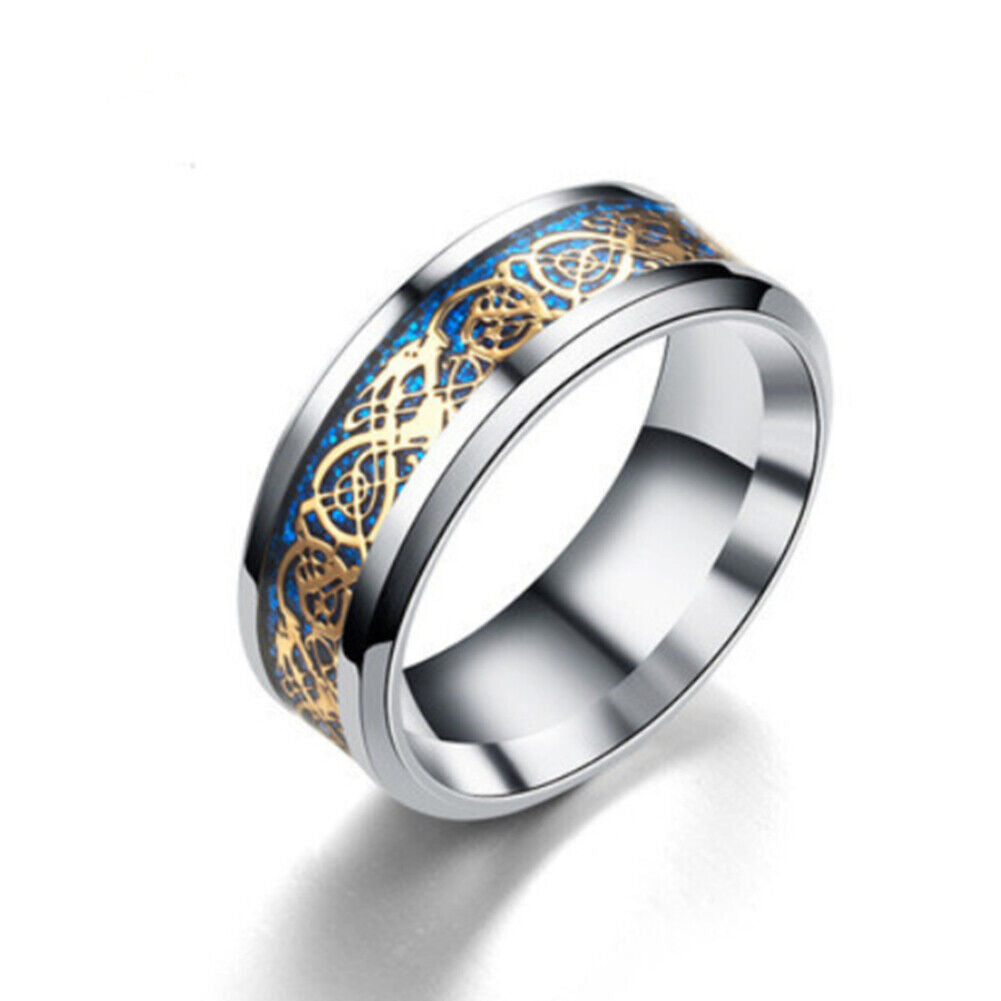 US 2-4 Pc Mens Celtic Blue Stainless Steel Dragon Wedding Band Ring Men Women
