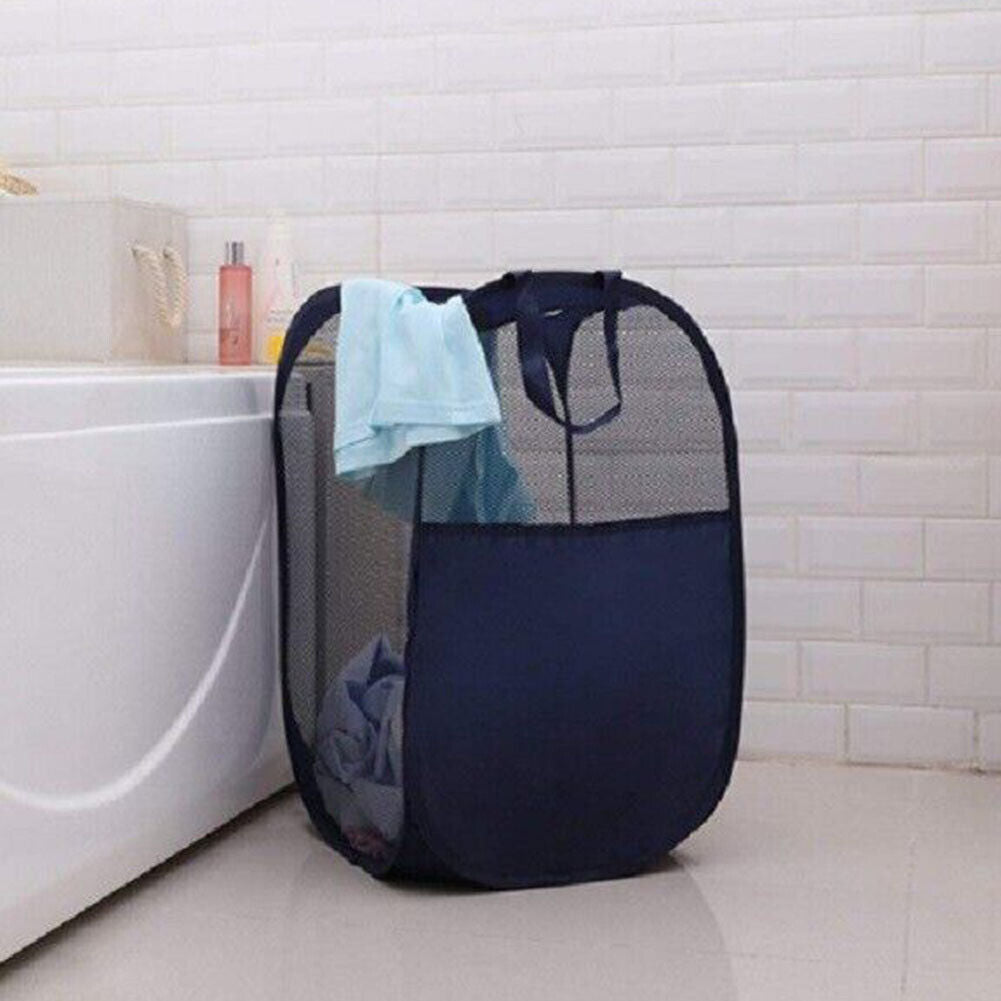 US 1-2 Pcs Laundry Baskets Foldable Pop Up Tidy Mesh Washing Laundry Basket Bag