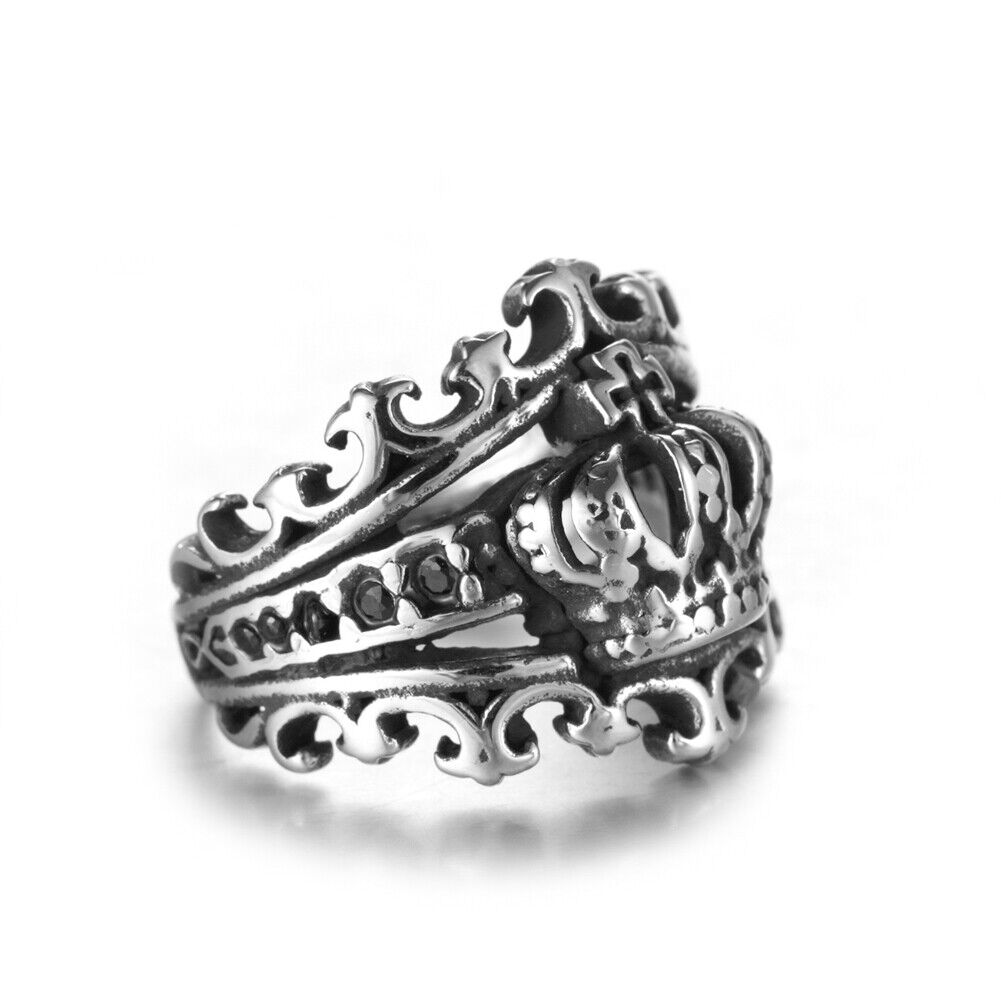 US 1-2 Pcs Mens Black CZ King Crown Ring Men Stainless Steel Size 7 8 9 10 11