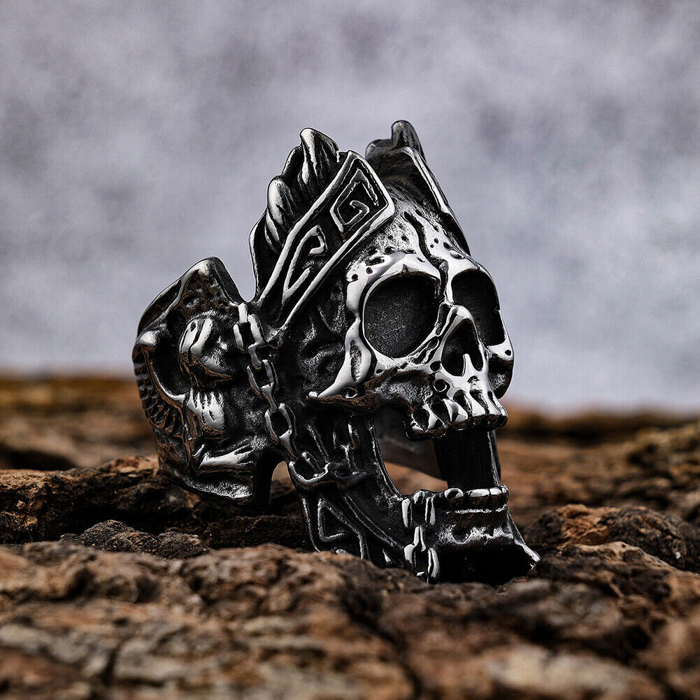 US Mens Stainless Steel Gothic MC Biker Skull Crown Ring Black Men Size 8-11