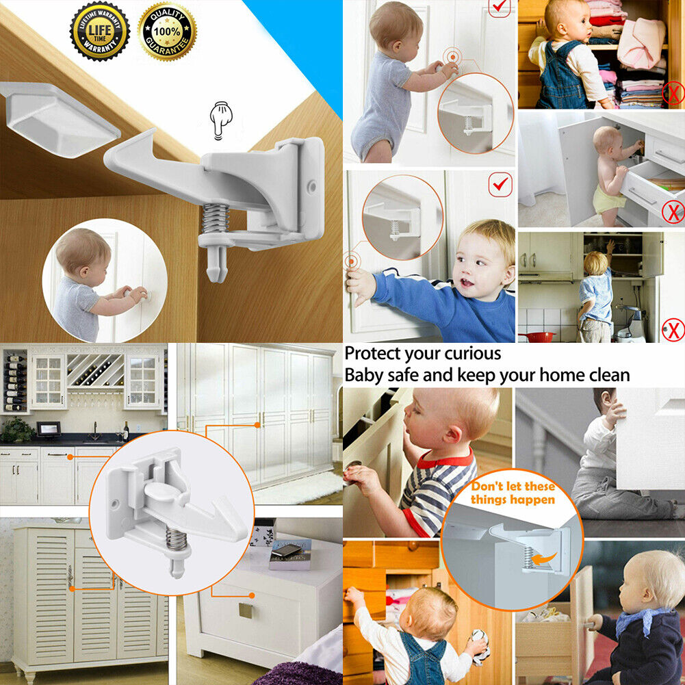 US 10-20 Pcs Set Baby Safety Cabinet Locks NO Drilling Adhesive Latches Drawer