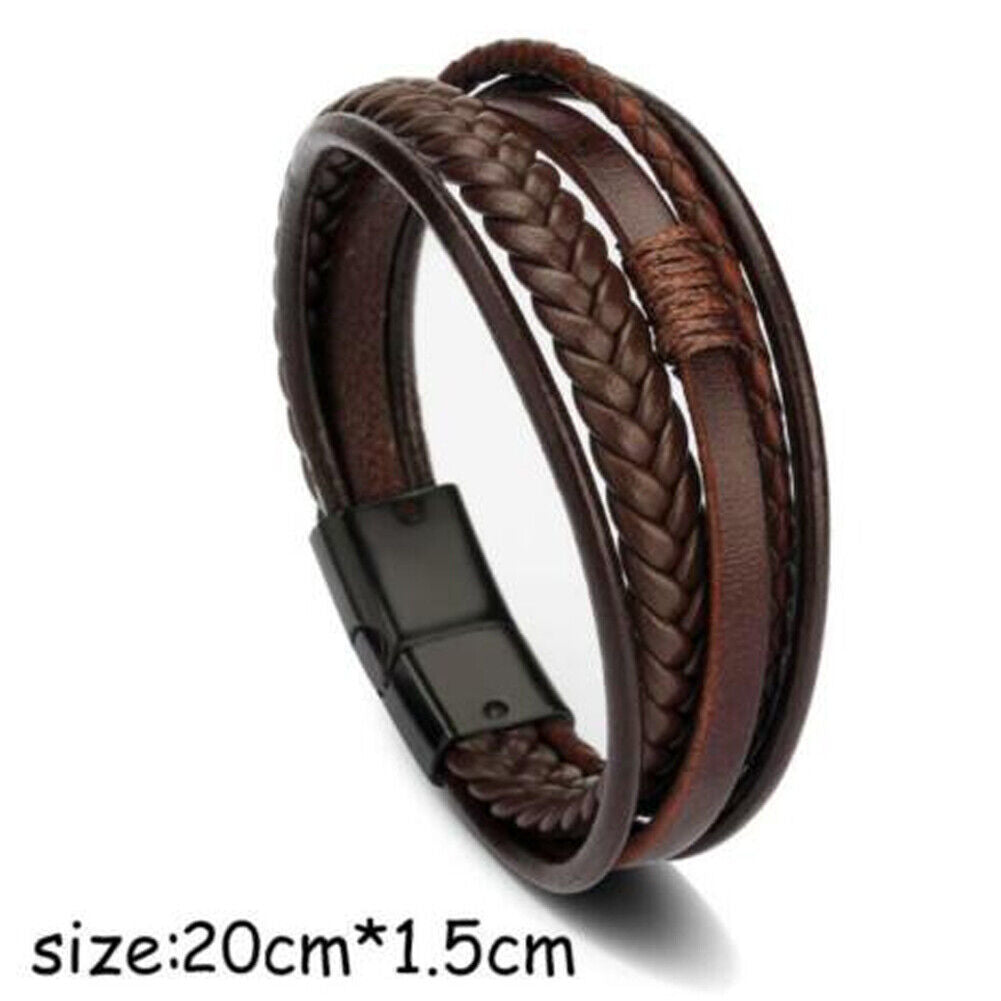 US 2-4 Pc Multi Layer Braided Leather Bracelet Adjustable Stainless Steel Clasp