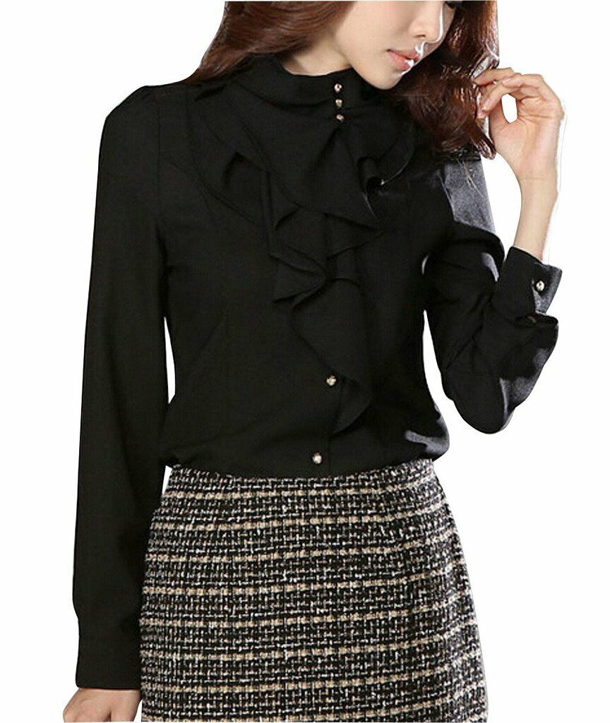 Women's Chiffon OL Ruffle Founcing Front Shirt Long Sleeve Blouse
