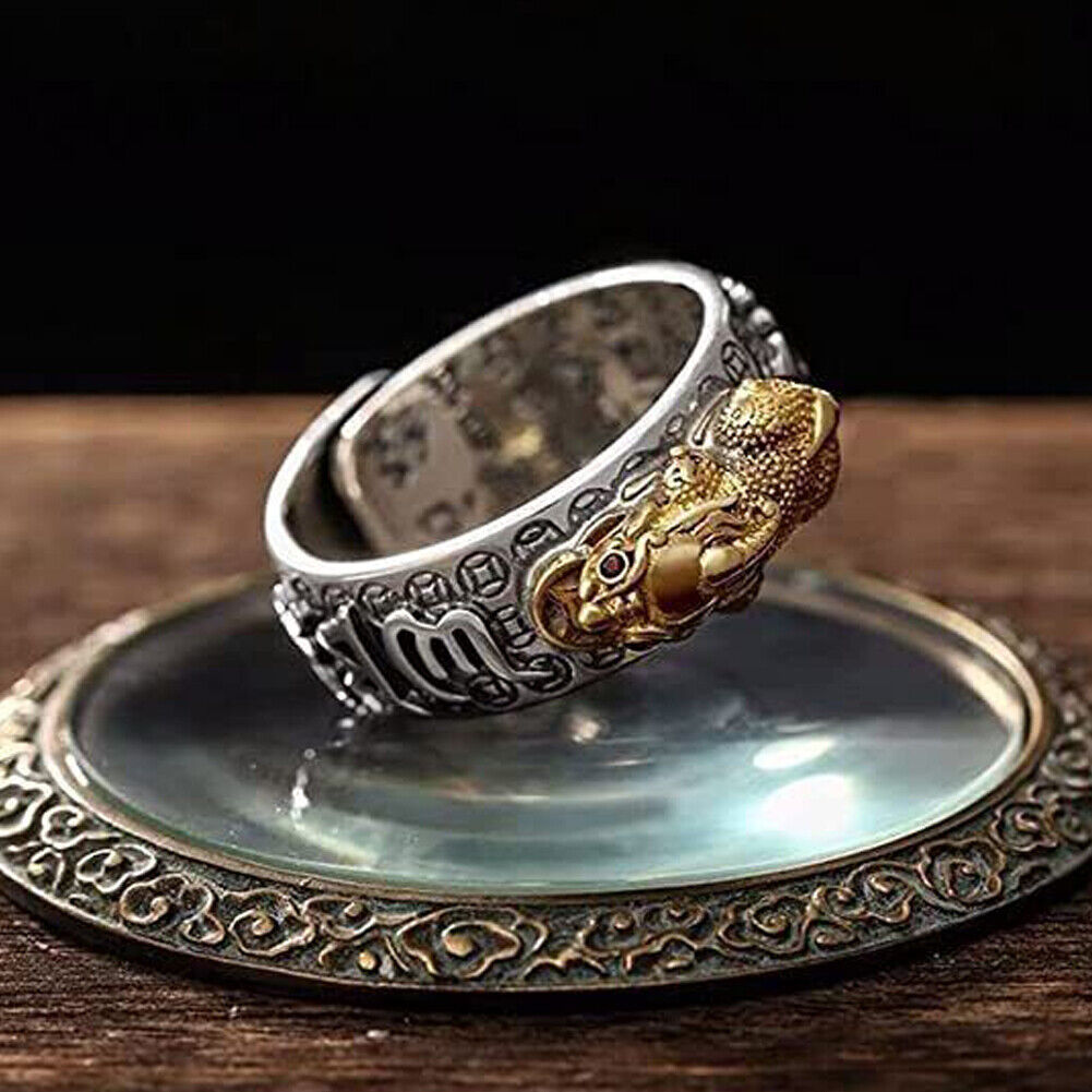US 2-4Pc Silver Feng Shui Pixiu Adjustable Ring MANI Mantra Protection Wealth