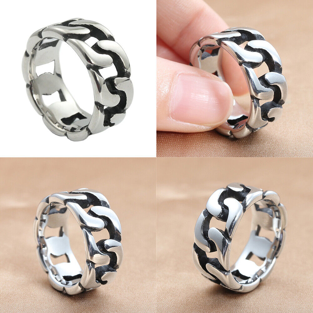 US Stainless Steel Cuban Link Ring Wide Curb Chain Band Biker Twisted Dome Ring