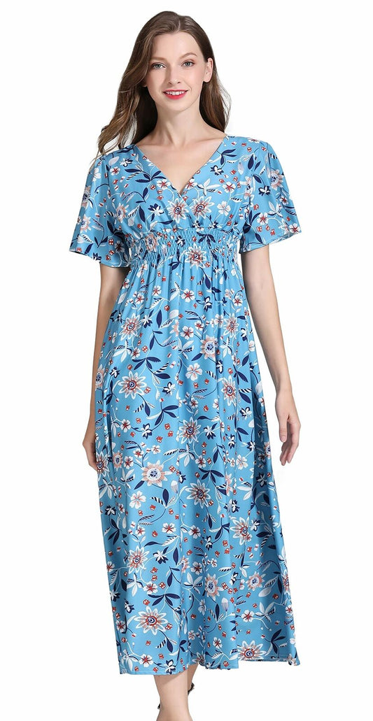 Women's Short Sleeve V-Neck Floral Print Midi Summer Beach Dress