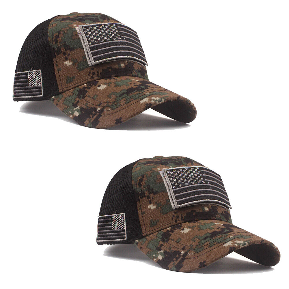 US 1-2 American Flag Hat Tactical Army Detachable Patch Mesh Camo Baseball Cap
