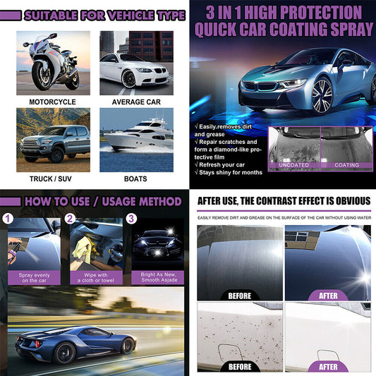 US 3 in 1 High Protection Quick Car Coat Ceramic Coating Spray Hydrophobic 100ML