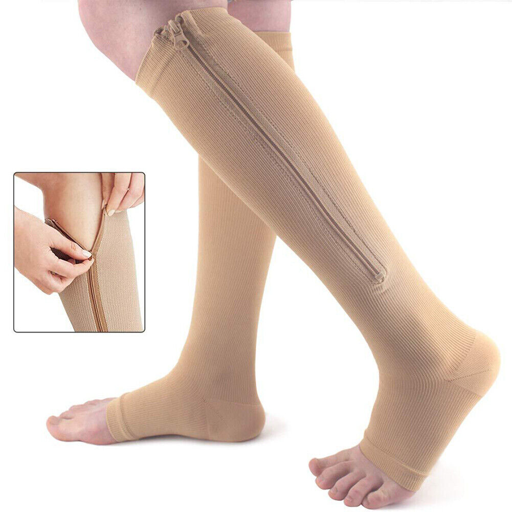 US 3 Pair Zipper Pressure Compression Sock Pain Relief Toeless Calf Leg Stocking