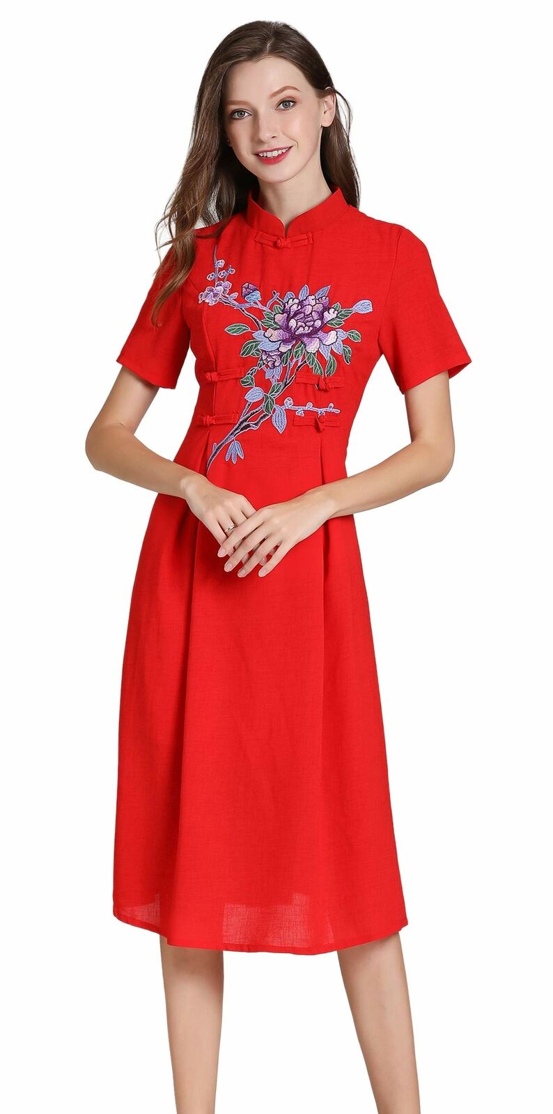 Women's Short Sleeve Mexican Embroidered Floral Pleated A-line Cocktail Dress