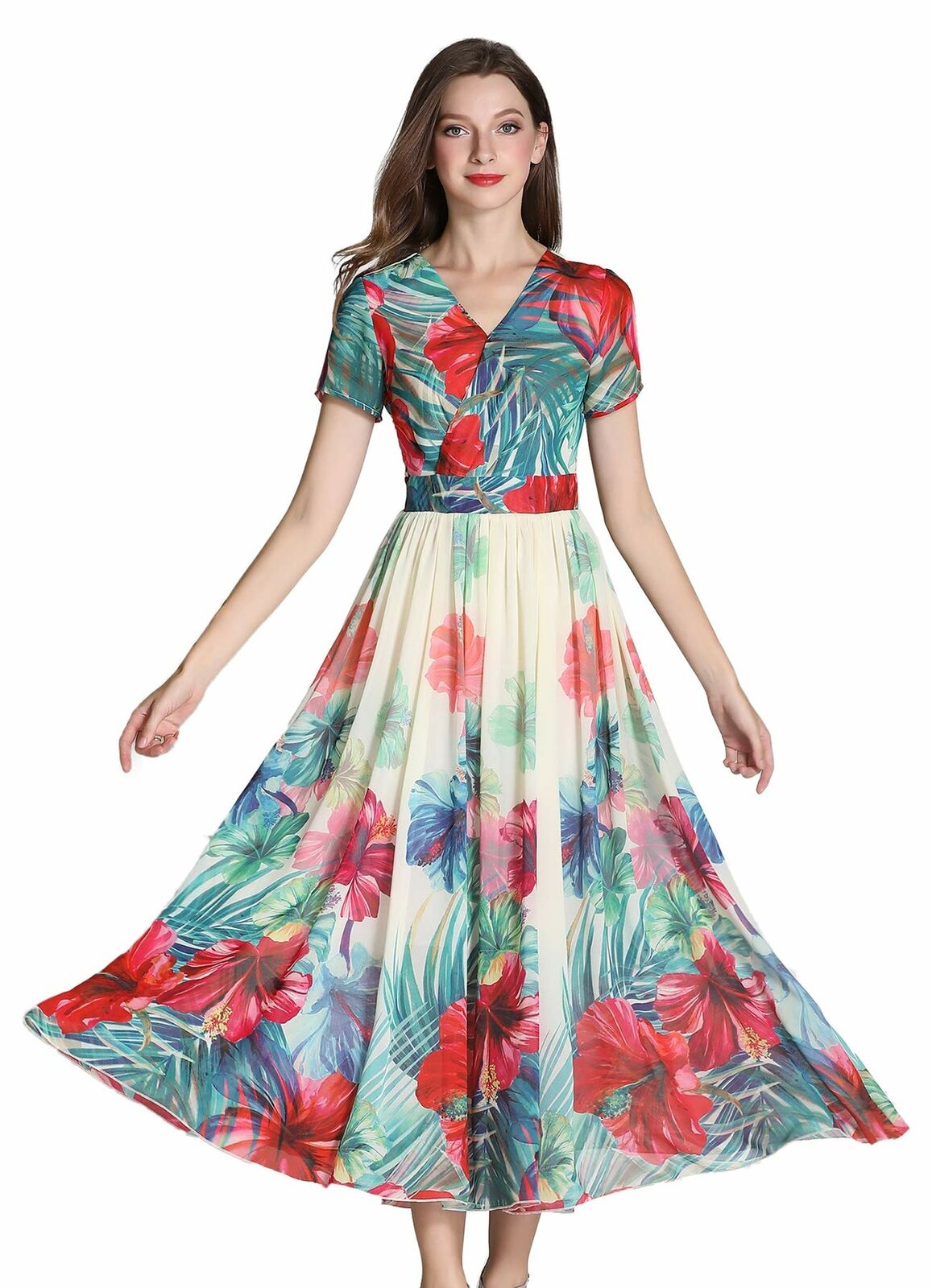 Women's Vintage Short Sleeves Floral Print Skater Dress Midi Cocktail Dress