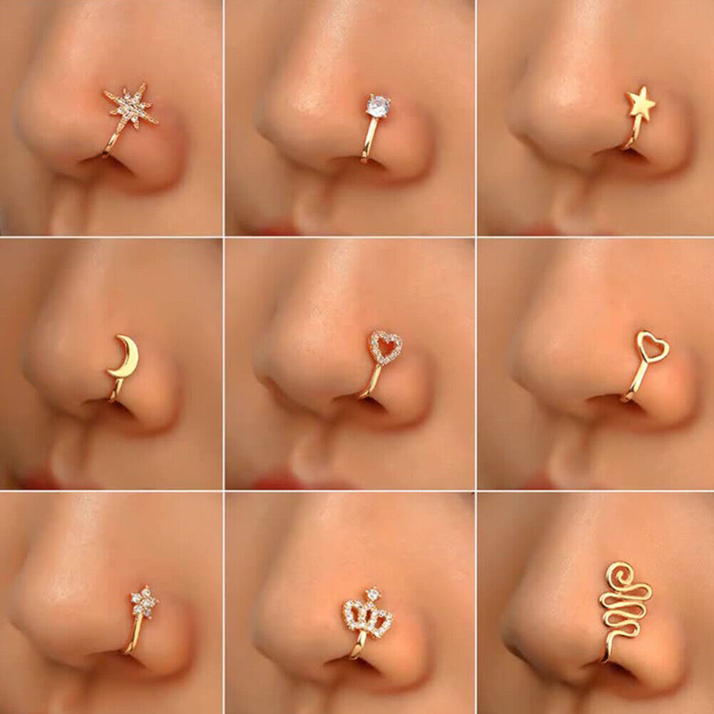 US 2 Pcs Star Heart Crown Nose Ring Copper Durable Fake Non-Pierced Nose Clip