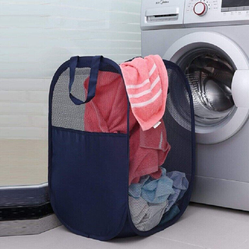 US 1-2 Pcs Laundry Baskets Foldable Pop Up Tidy Mesh Washing Laundry Basket Bag