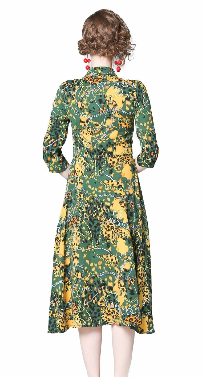Women's Vintage Floral Printed Lotus Sleeves Elastic Waist  Cocktail Dress