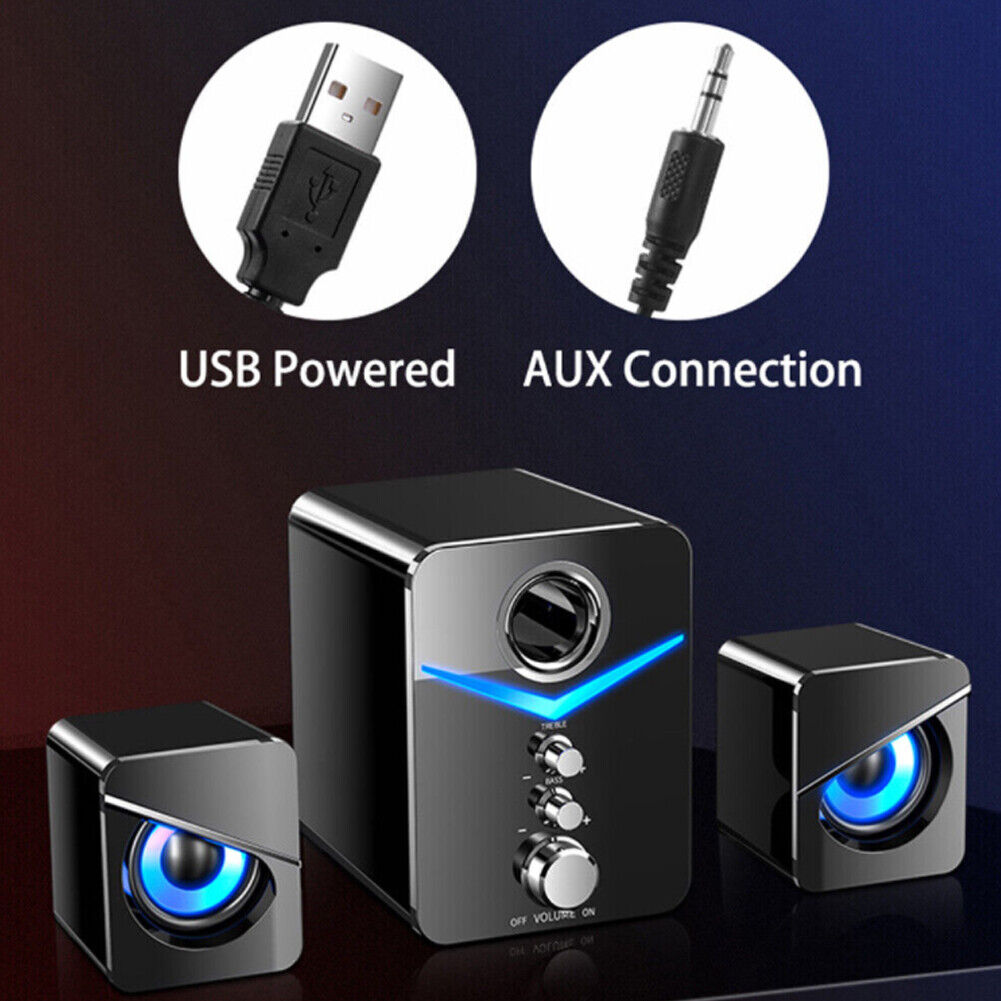 US 1-2 Pcs USB Computer LED Speakers Subwoofer Bass Control Desktop Laptop PC