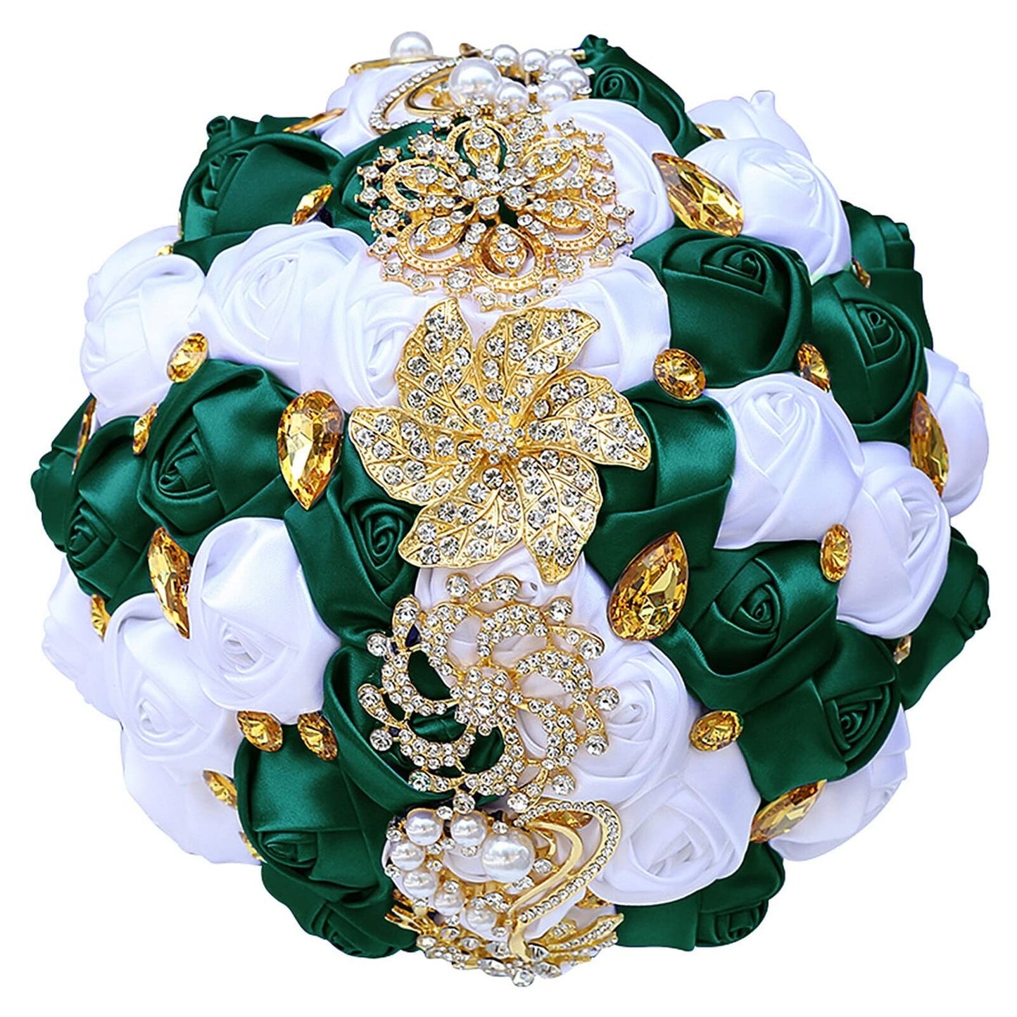 Luxury Gold Rhinestone Bridal Wedding Bouquet Bride Bridesmaid Satin Rose Flower