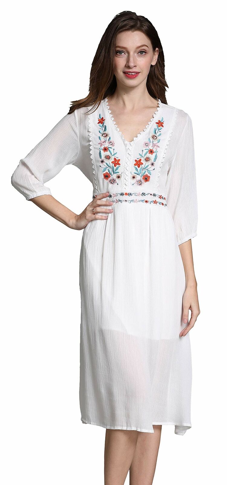 Women's Short Sleeve Mexican Embroidered Floral Pleated A-line Cocktail Dress