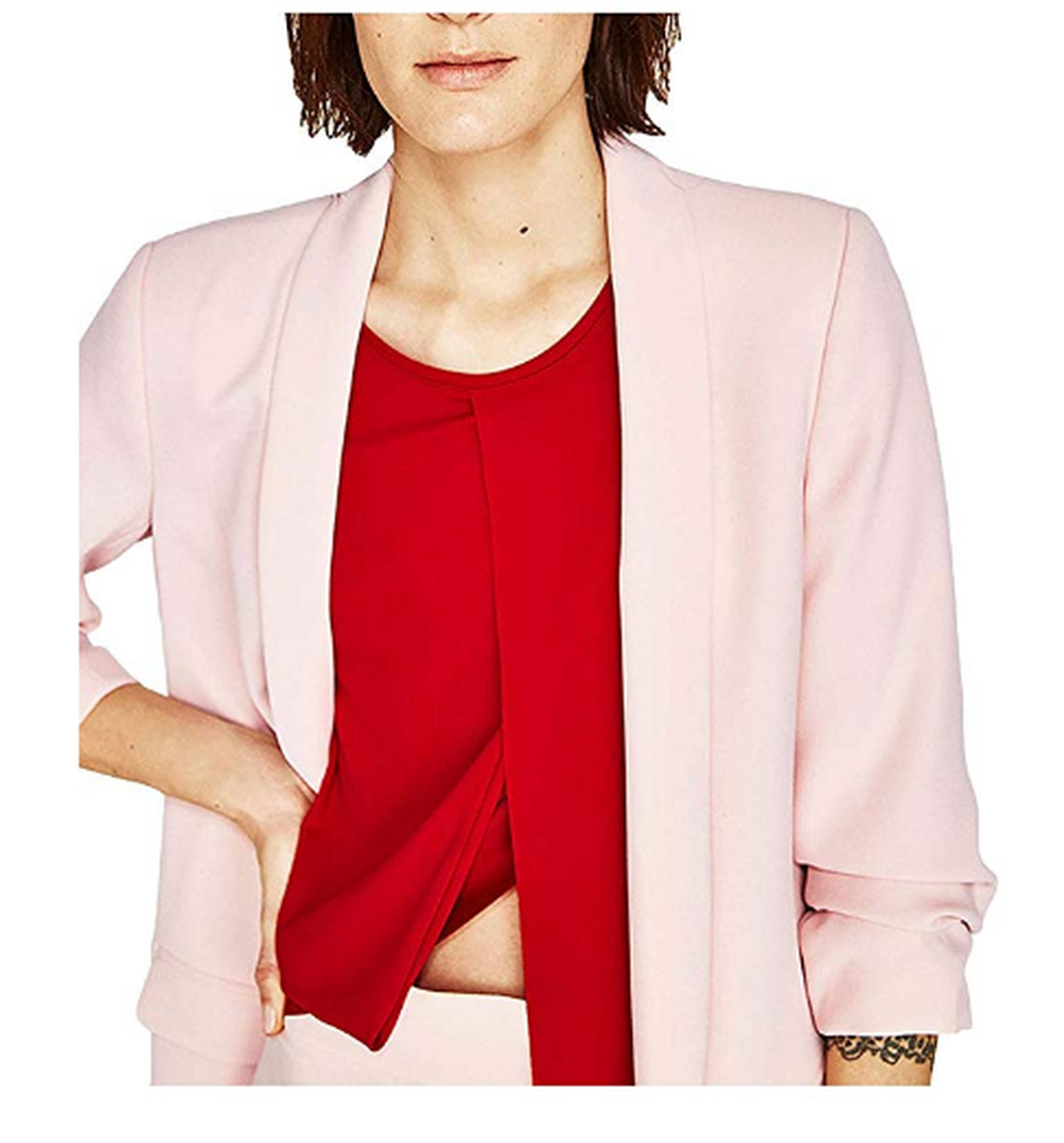 MFrannie Womens Solid Open Front Shirring 3/4 Sleeve Work Blazer
