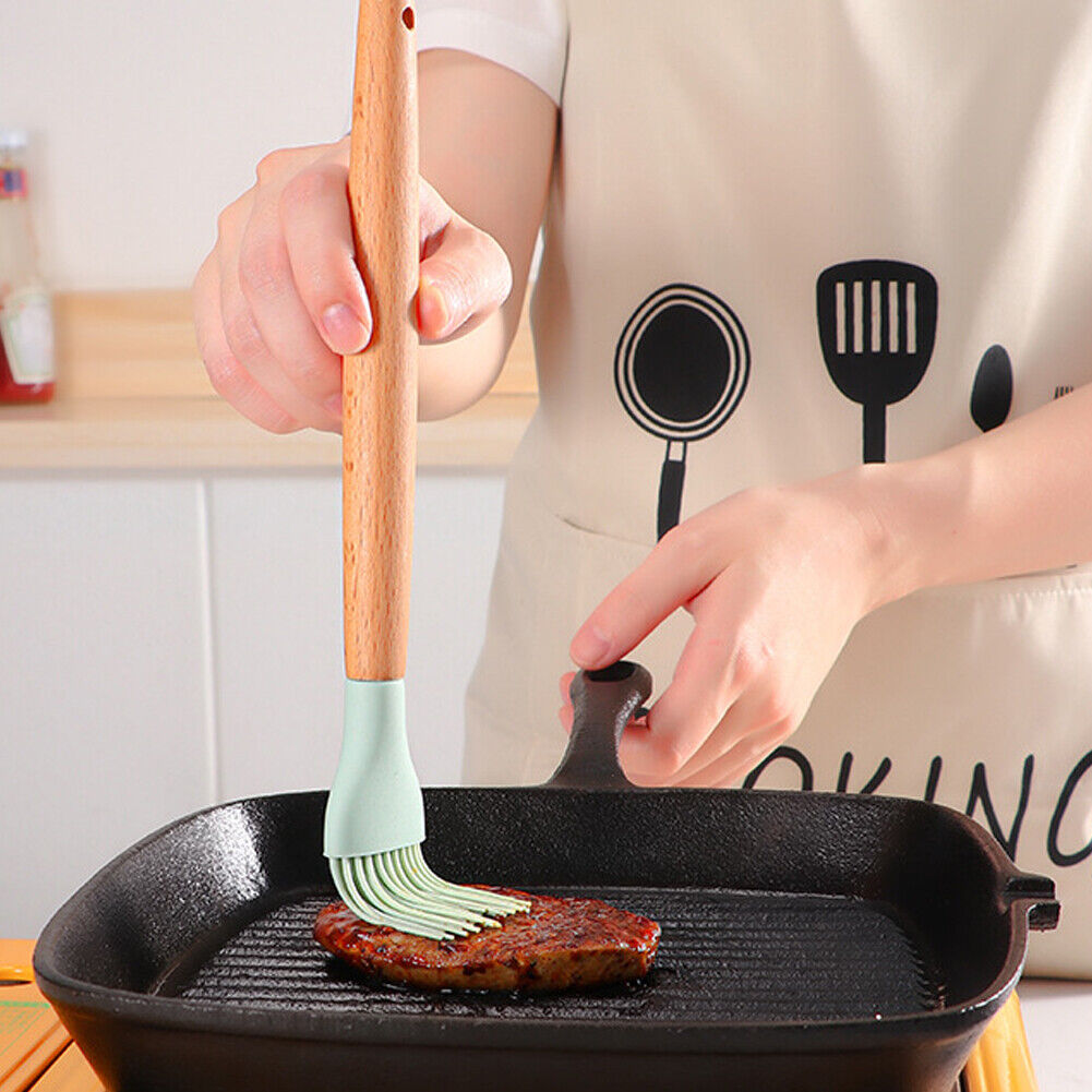 US 11 Pcs Kitchen Cooking Utensils Set Wooden Handle Silicone Heat Resistant