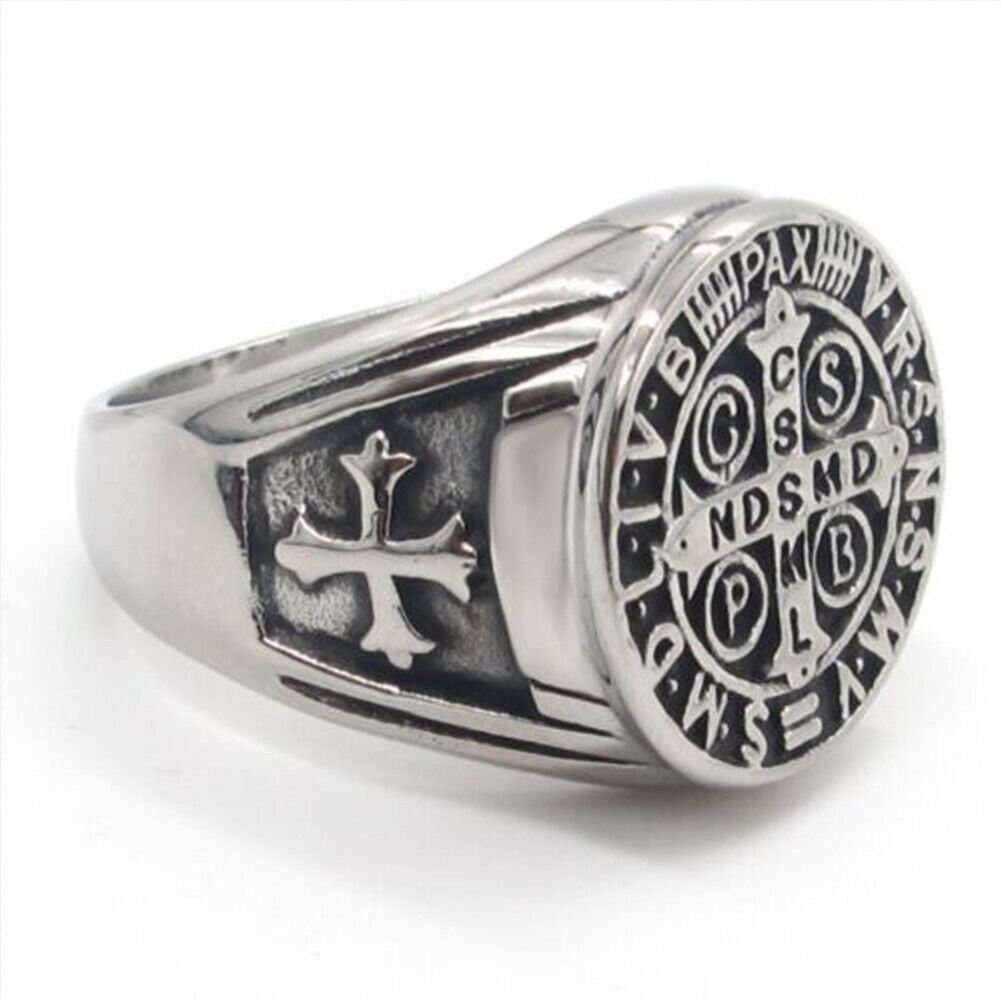 US St Benedict Exorcism Ring Silver Stainless Steel Catholic Roman Cross Demon