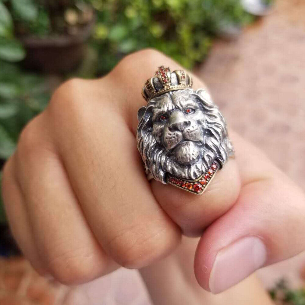 US2-4Pc Punk Animal King Crown Lion Ring Adjustable lion Head Jewelry 925 Silver