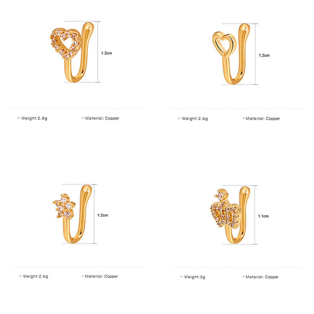 US 2 Pcs Star Heart Crown Nose Ring Copper Durable Fake Non-Pierced Nose Clip