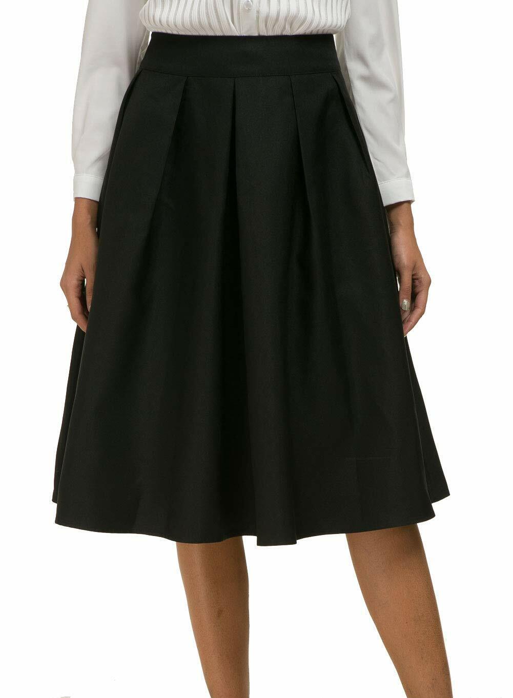 Women High Waist A-line Skater Flared Midi Skirt with Pocket
