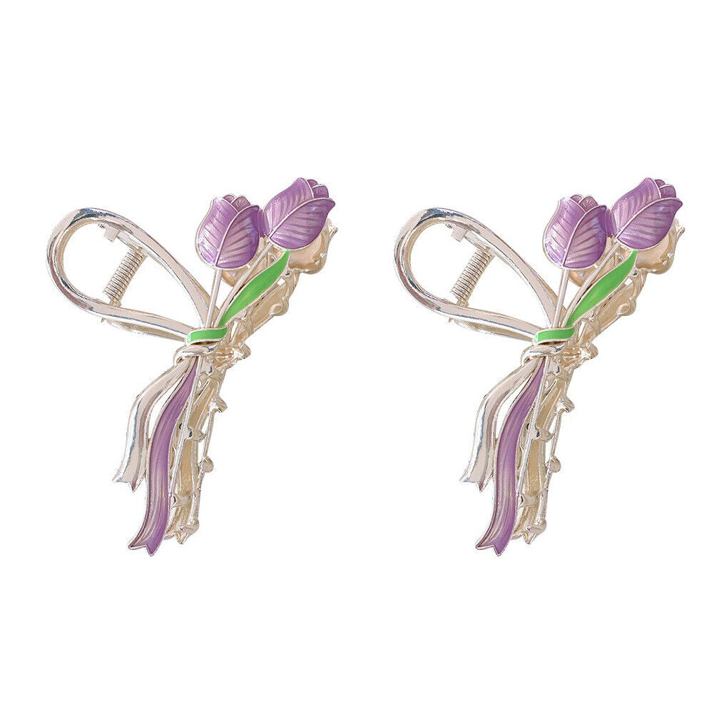 US 1~2 Pack Tulip Floral Enamel Large Metal Hair Claw Flower Blossom Hair Clips