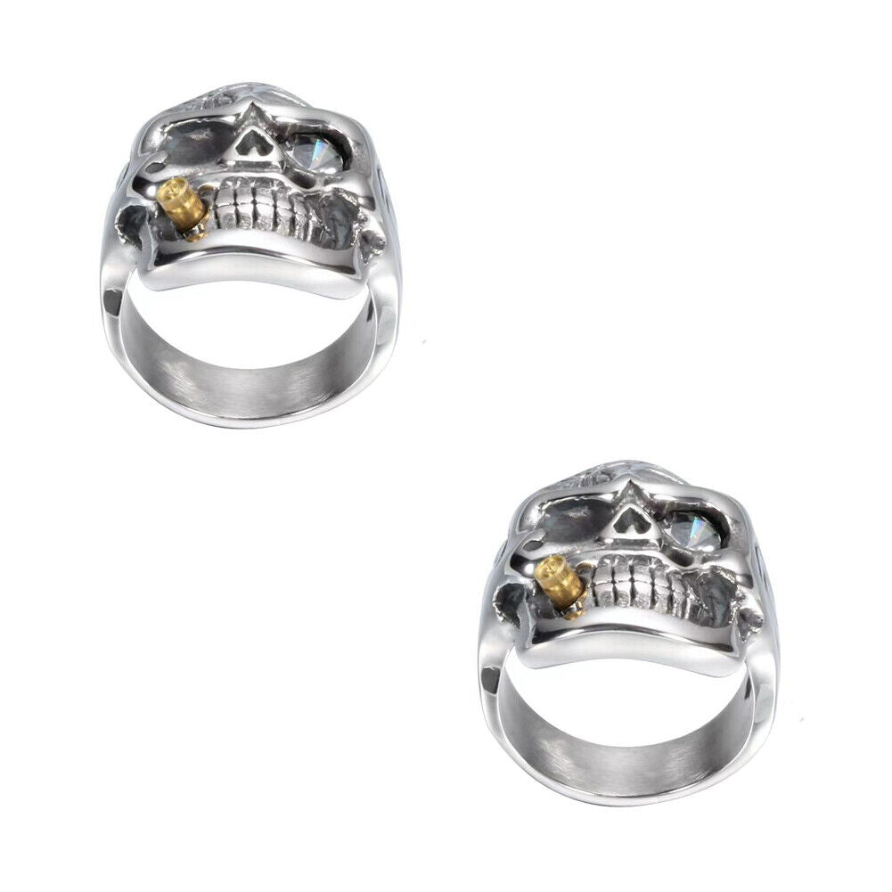 US 1-2Pc Goth Men Biker Punk CZ Smoking Skull Ring Men Stainless Steel Size 8-12