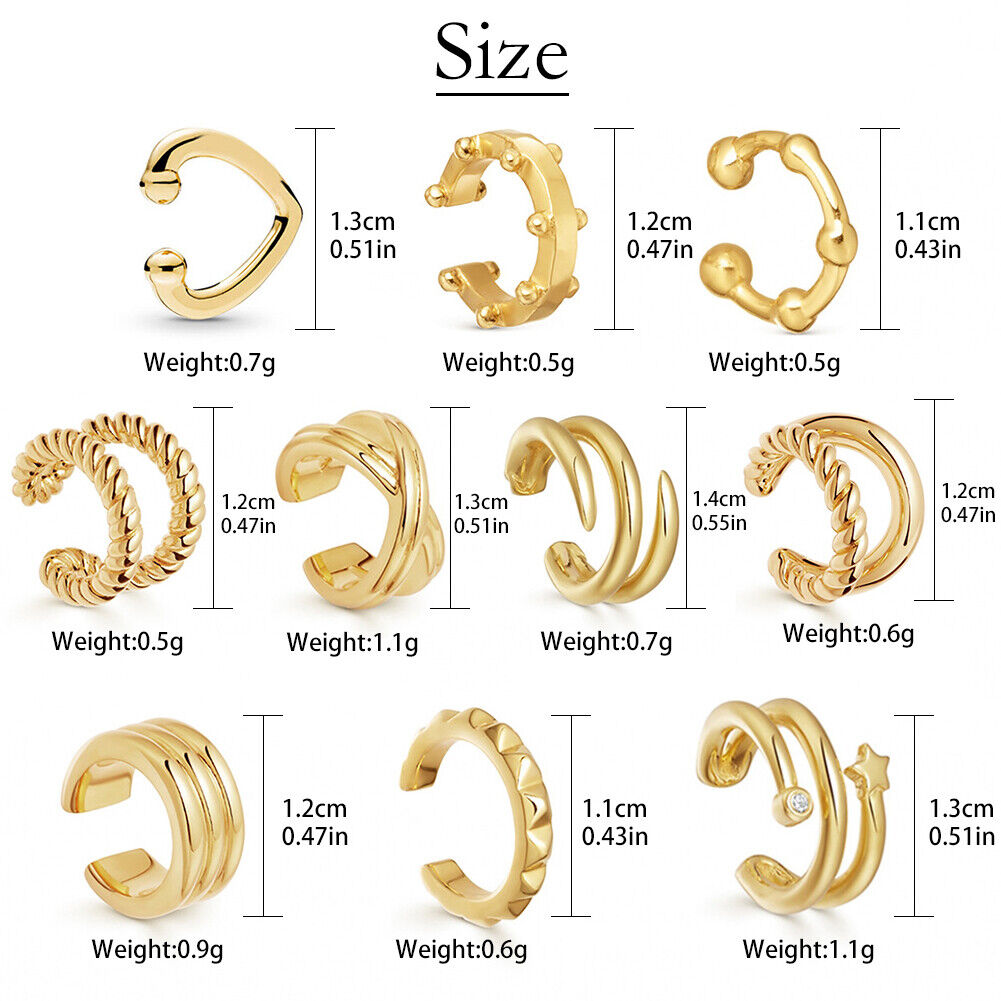 US 10-20 Pack Helix Non Piercing Gold Earrings Cuff Clip on Cartilage Earrings