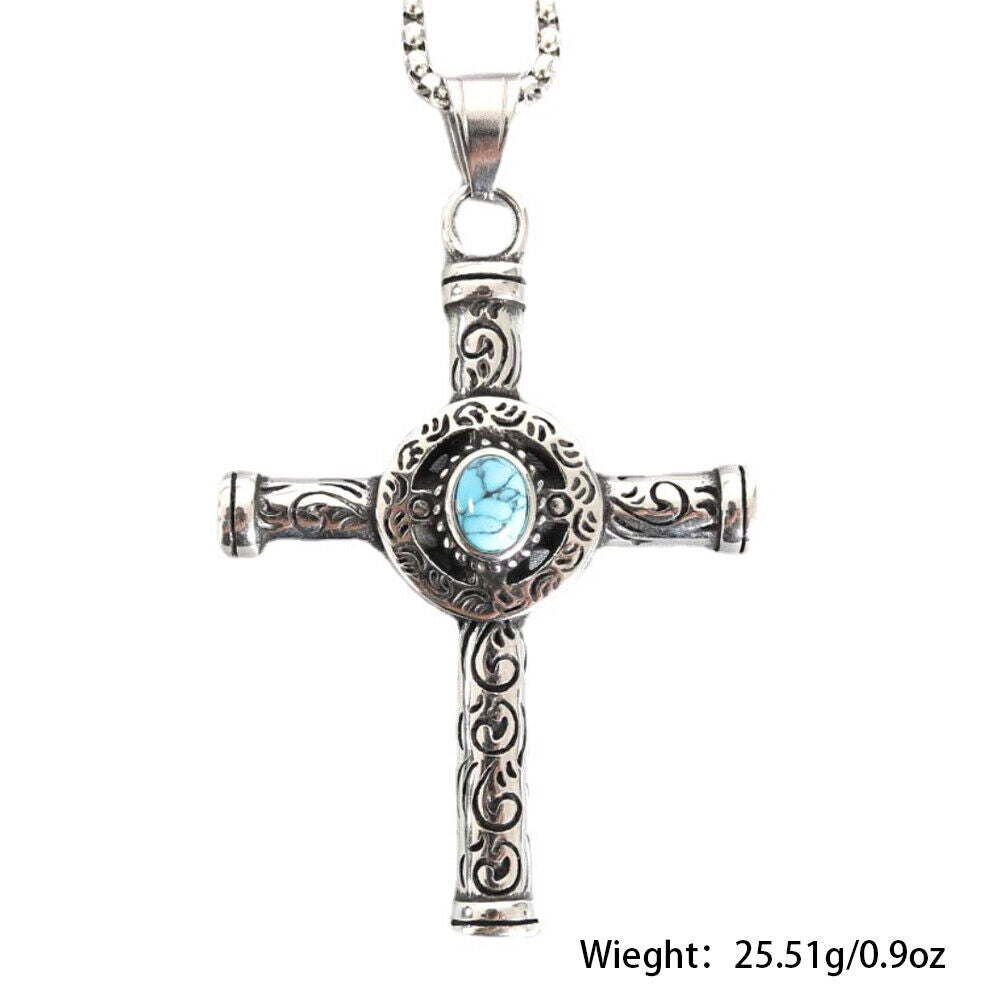 US Men Celtic Norse Turquoise Cross Stainless Steel Necklace Gothic Pendant