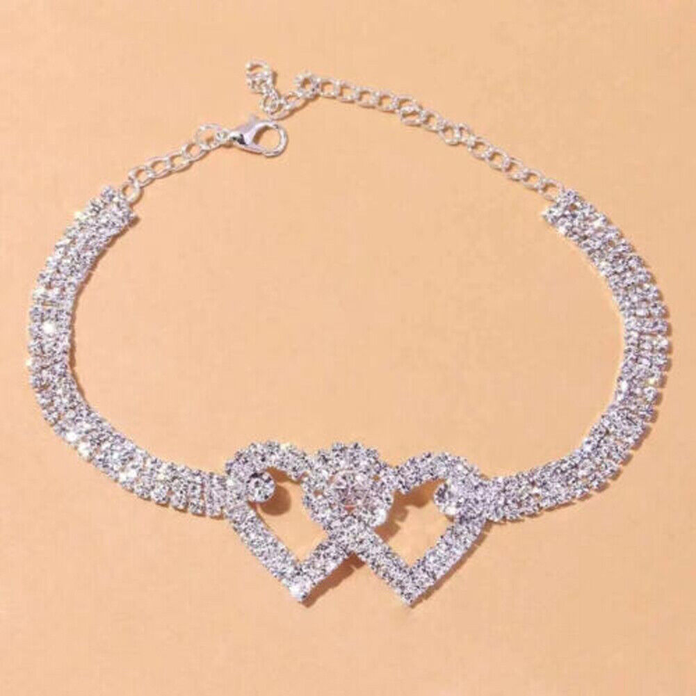 US 2-4 Pack Love Chain Double Heart Anklet Bracelet Bling Crystal Ankle Barefoot
