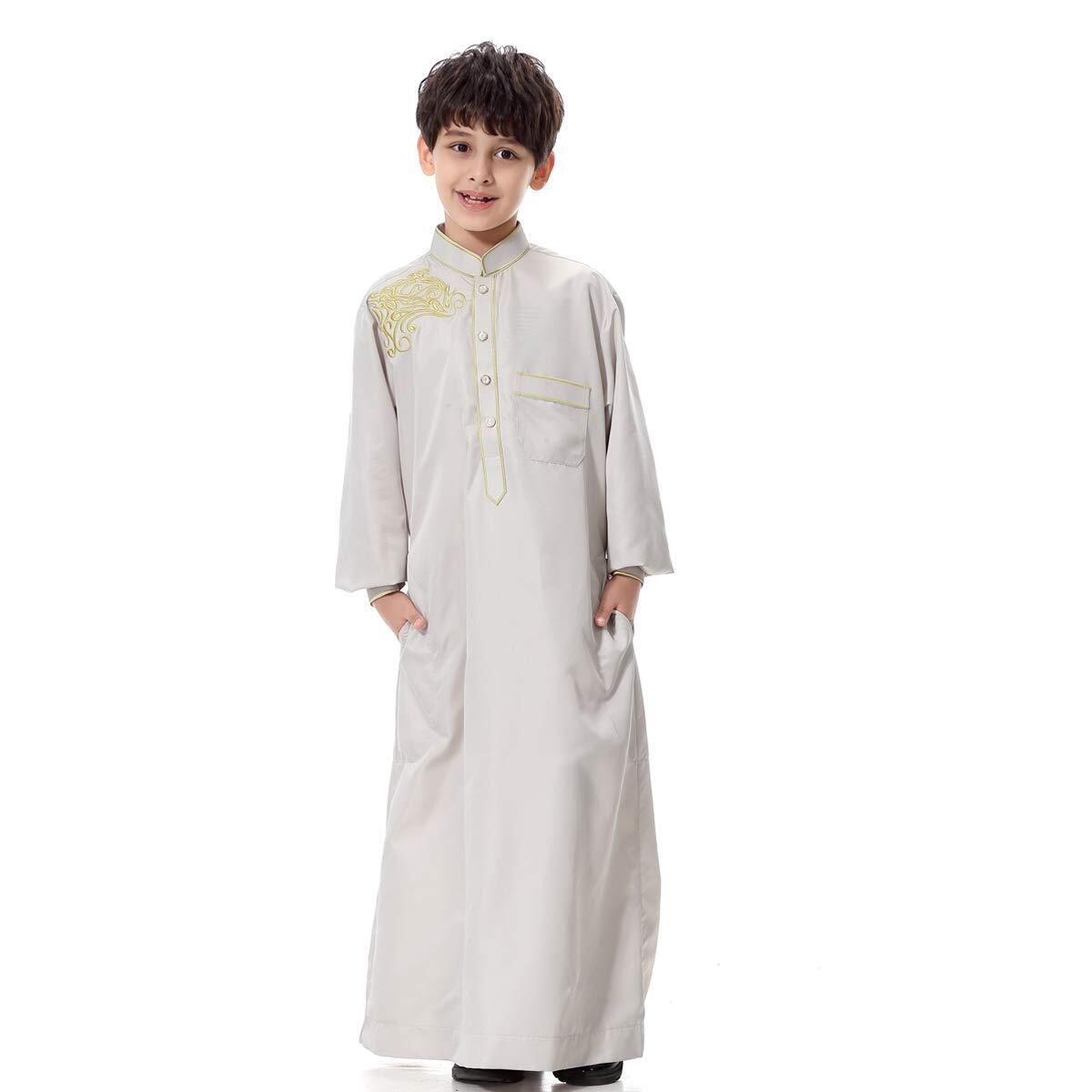 Arabic Thobe Muslim Thobe Kaftan Stand Collar Robe with Botton for Boy