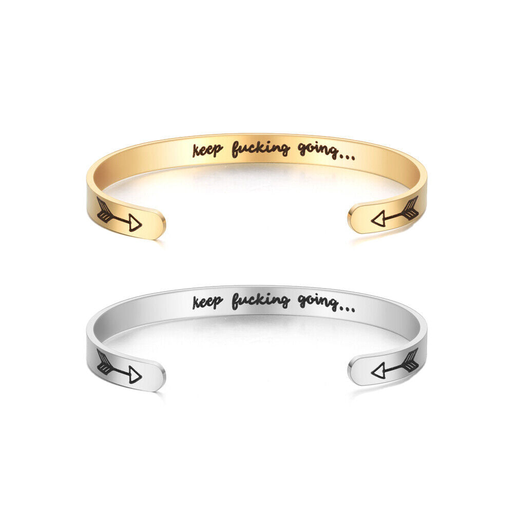 US 2-4 Pack Bangle Bracelet Open Cuff Inspirational Keep Going Letter Engraved