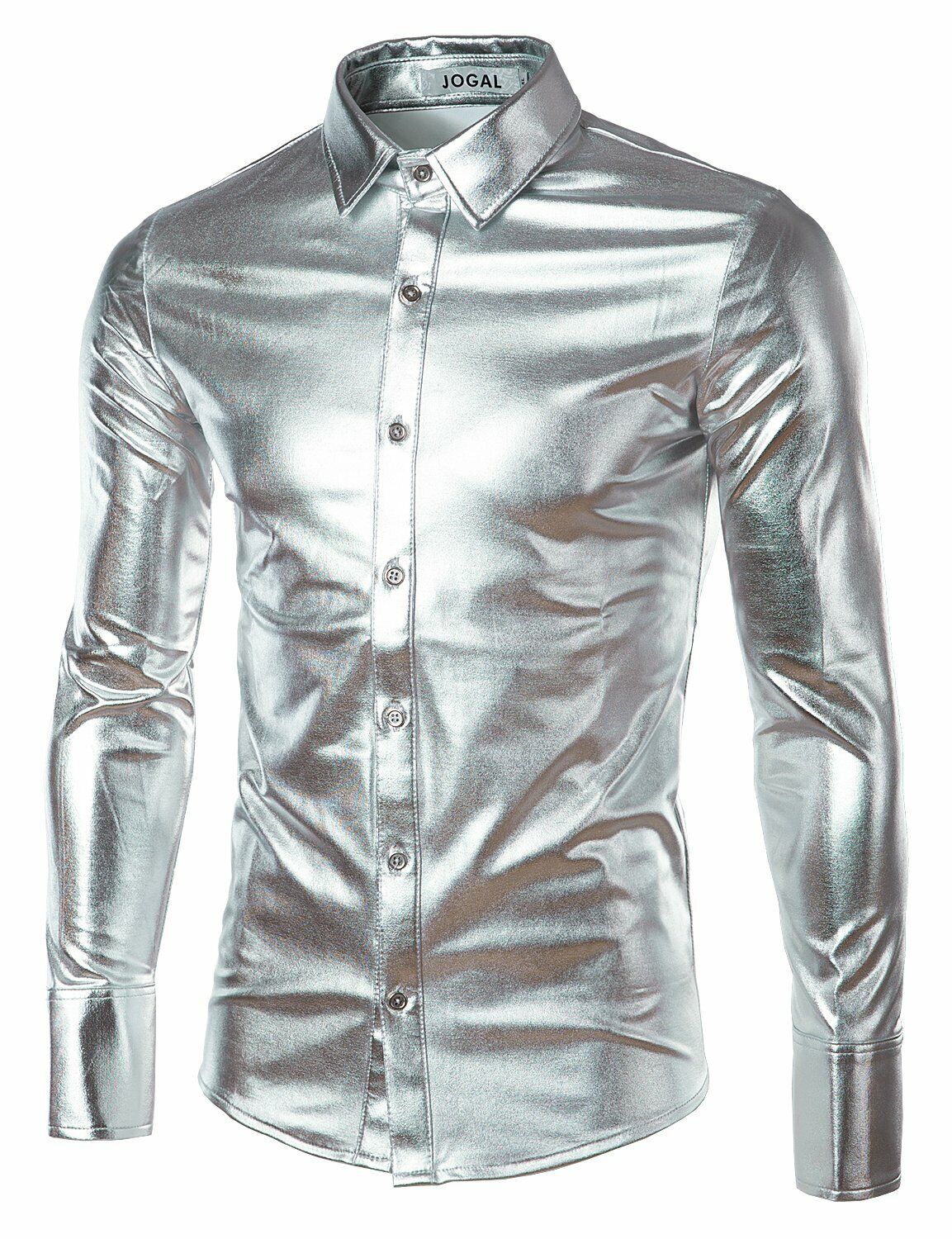 JOGAL Men's Trend Nightclub Styles Metallic Silver Long Sleeve Button Down Shirt
