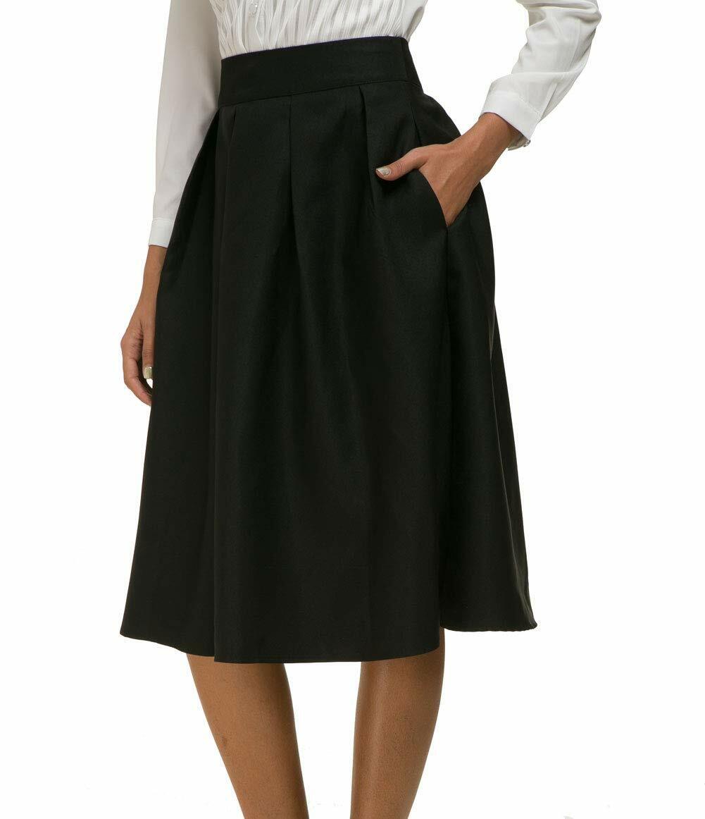 Women High Waist A-line Skater Flared Midi Skirt with Pocket