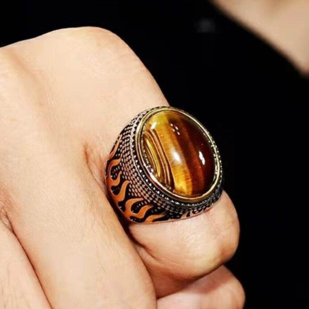 US 2Pc Mens Stainless Steel Gold Plated Oval Tiger Eye Stone Ring Size 7 8 9-11