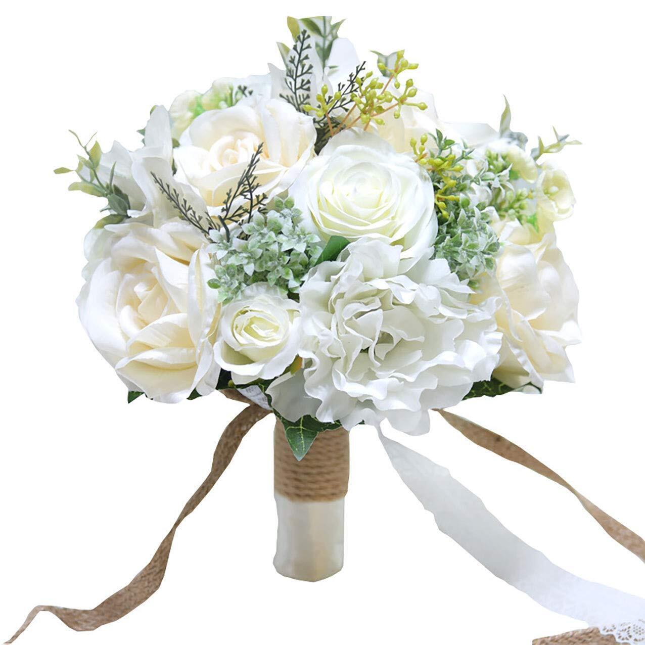 Bridal Holding Wedding Bouquet Real-Looking Mixed Flowers Ivory Greeneryet